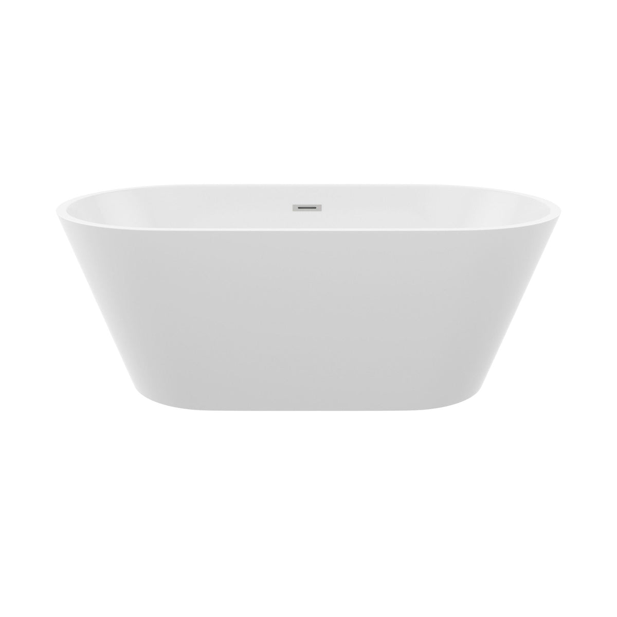 Glossy white freestanding bathtub with rectangular drain inset on Tampa Home & Garden Store