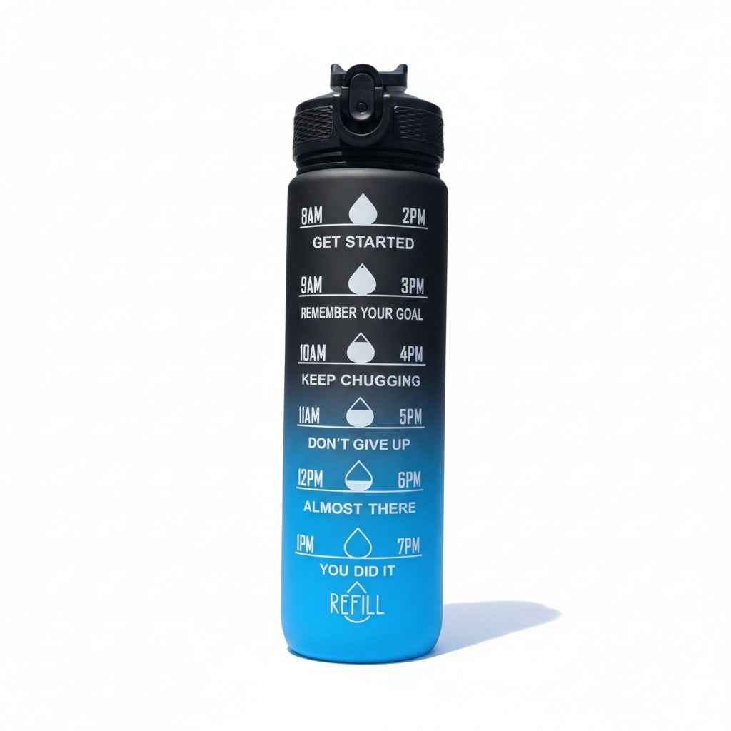 32 oz gradient water bottle with straw and time markers, Shaketea, blue to black on Tampa Home & Garden Store