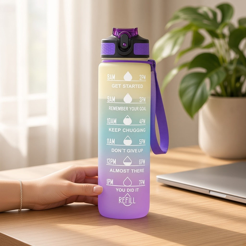 32 oz gradient water bottle with straw and motivational time markers, Shaketea, purple lid on Tampa Home & Garden Store