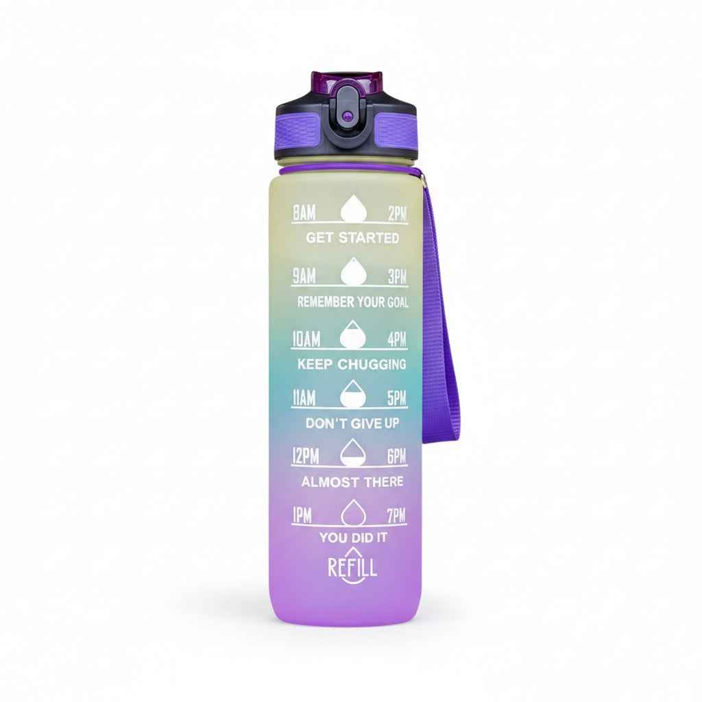 32 oz gradient water bottle with straw and motivational time markers, Shaketea, purple lid on Tampa Home & Garden Store