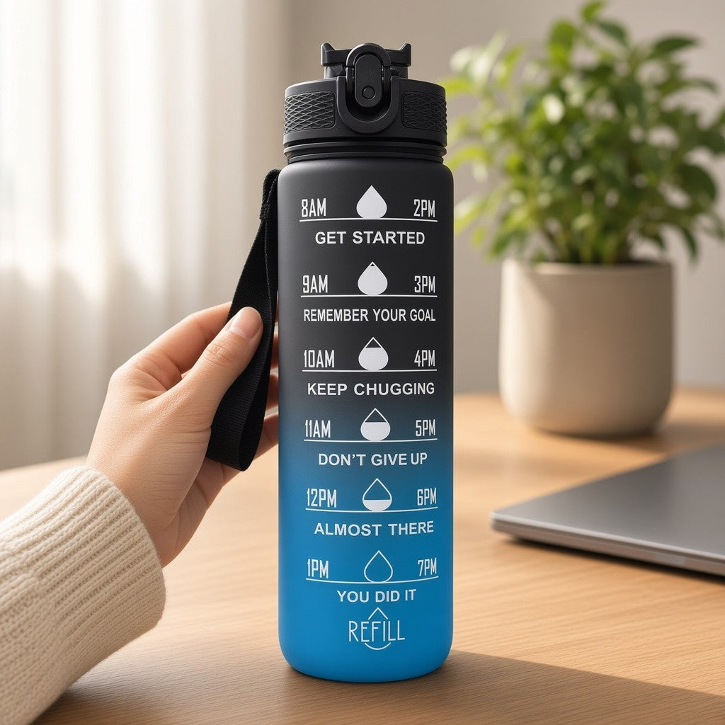 Shaketea 32 oz gradient water bottle with straw and motivational time markers, black-to-blue on Tampa Home & Garden Store