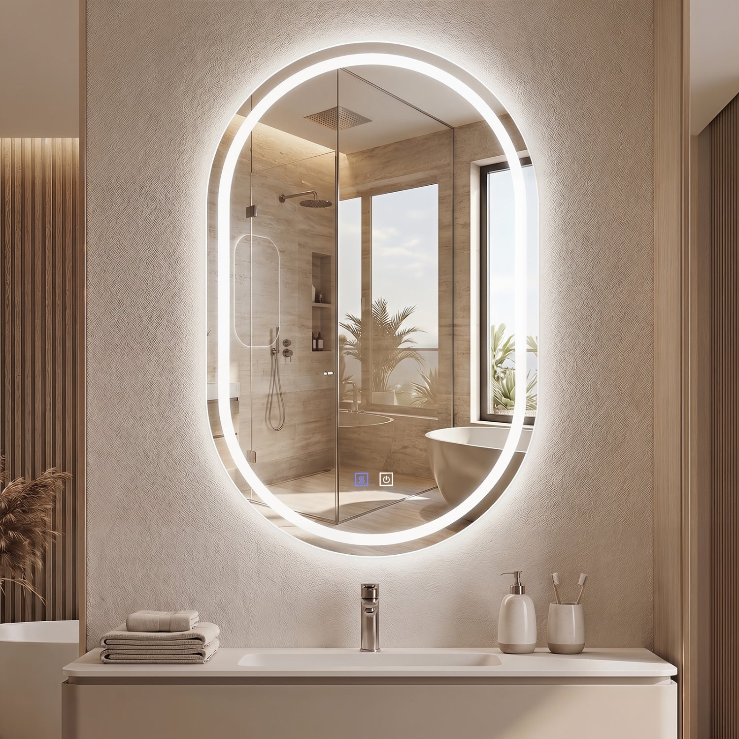 Oval LED bathroom mirror 32x20 in by DirectDeals with dimming and defogger, backlit edge on Tampa Home & Garden Store