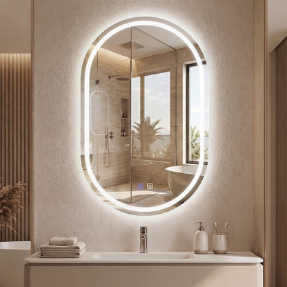 Oval LED bathroom mirror 32x20 in by DirectDeals with dimming and defogger, backlit edge on Tampa Home & Garden Store