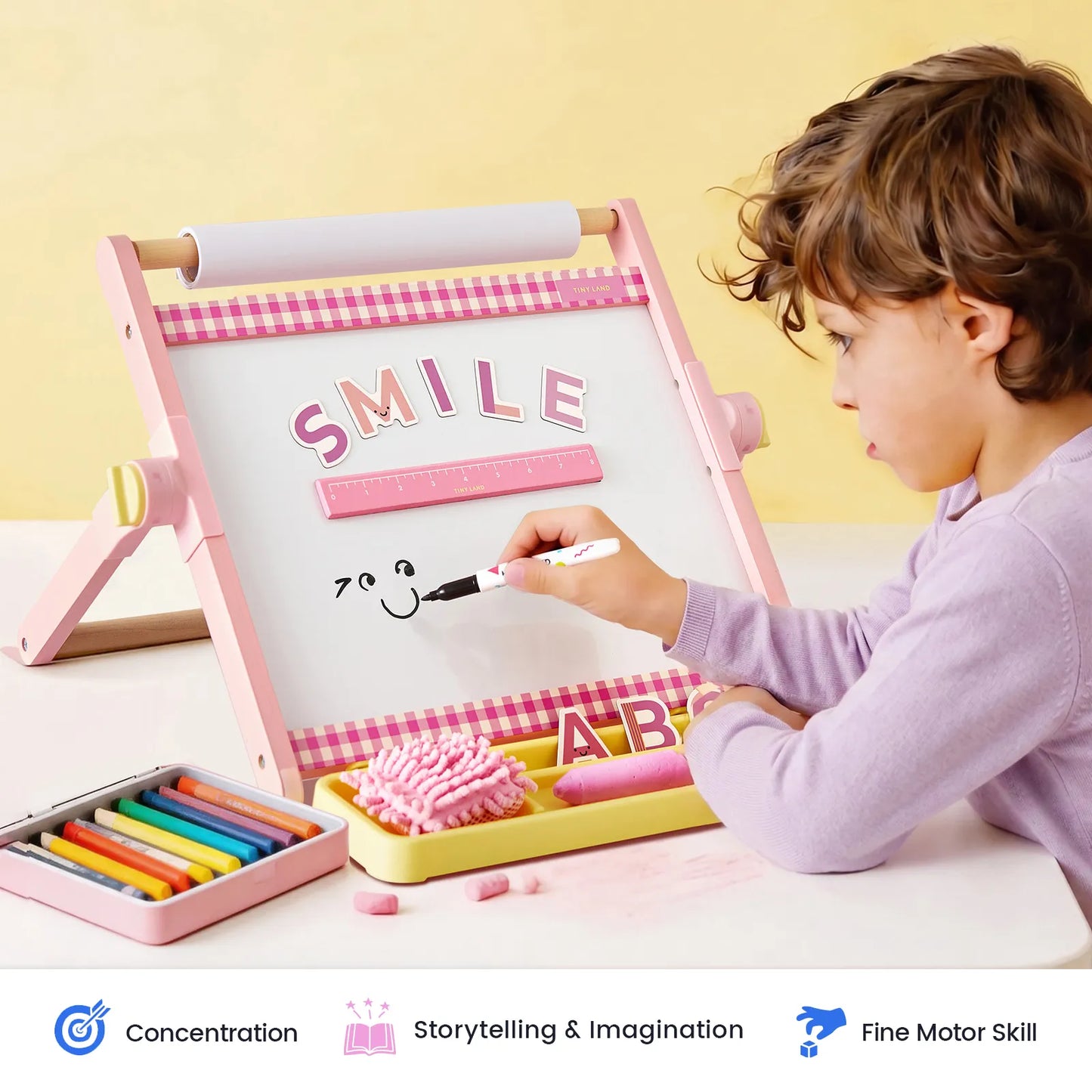 Tiny Land Double-Sided Magnetic Tabletop Easel pink kids easel ruler and letters, drawing on Tampa Home & Garden Store