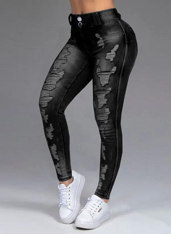Fashion Ripped Women's Skinny High-Waist Jeans in black denim with distressing on Tampa Home & Garden Store