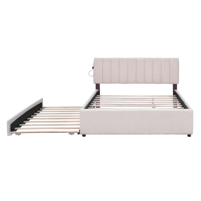 Upholstered platform bed with beige fabric headboard and retractable trundle, slatted base on Tampa Home & Garden Store