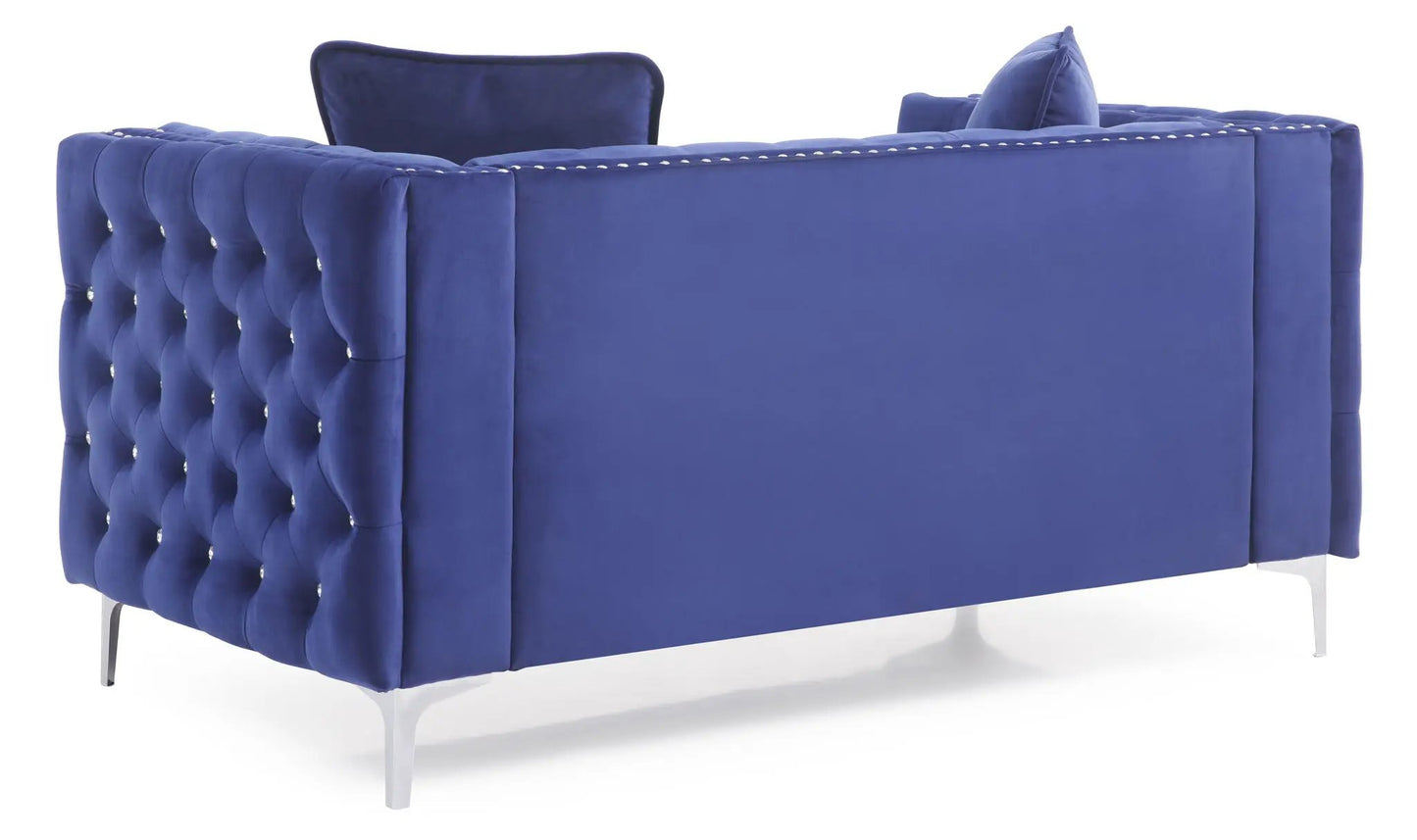 Blue velvet track arm loveseat by Unique Piece Furniture with tufted sides and crystal accents on Tampa Home & Garden Store