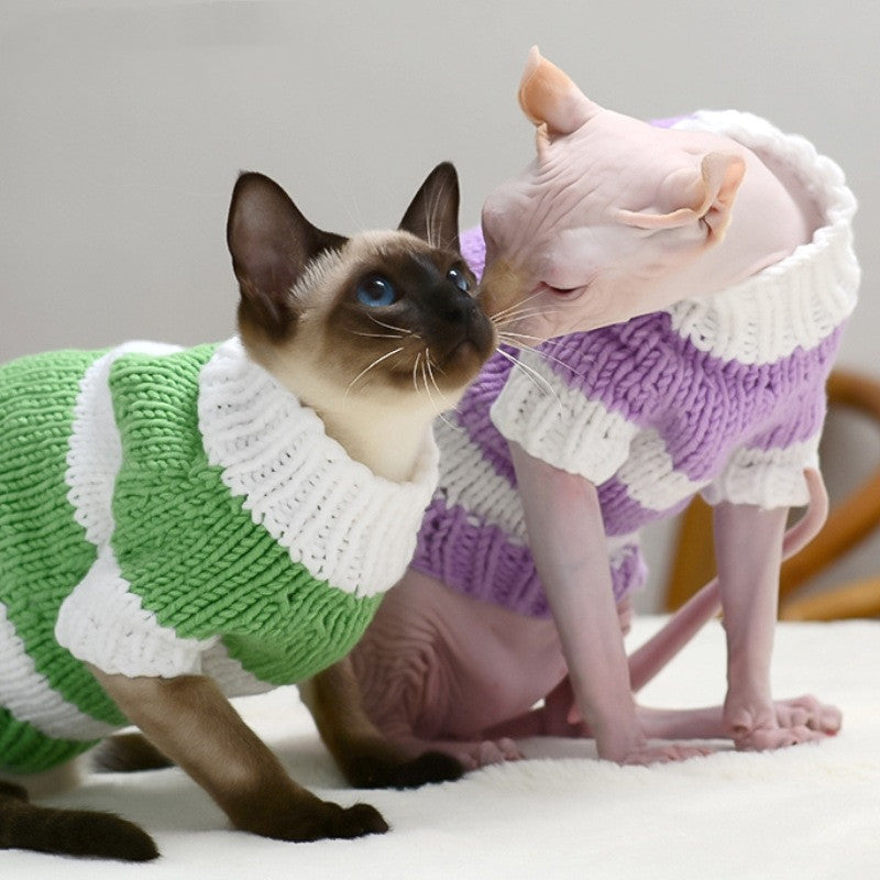 Hairless Cat Warm Sweater shown on two cats in green/white and purple/white knitted outfits on Tampa Home & Garden Store