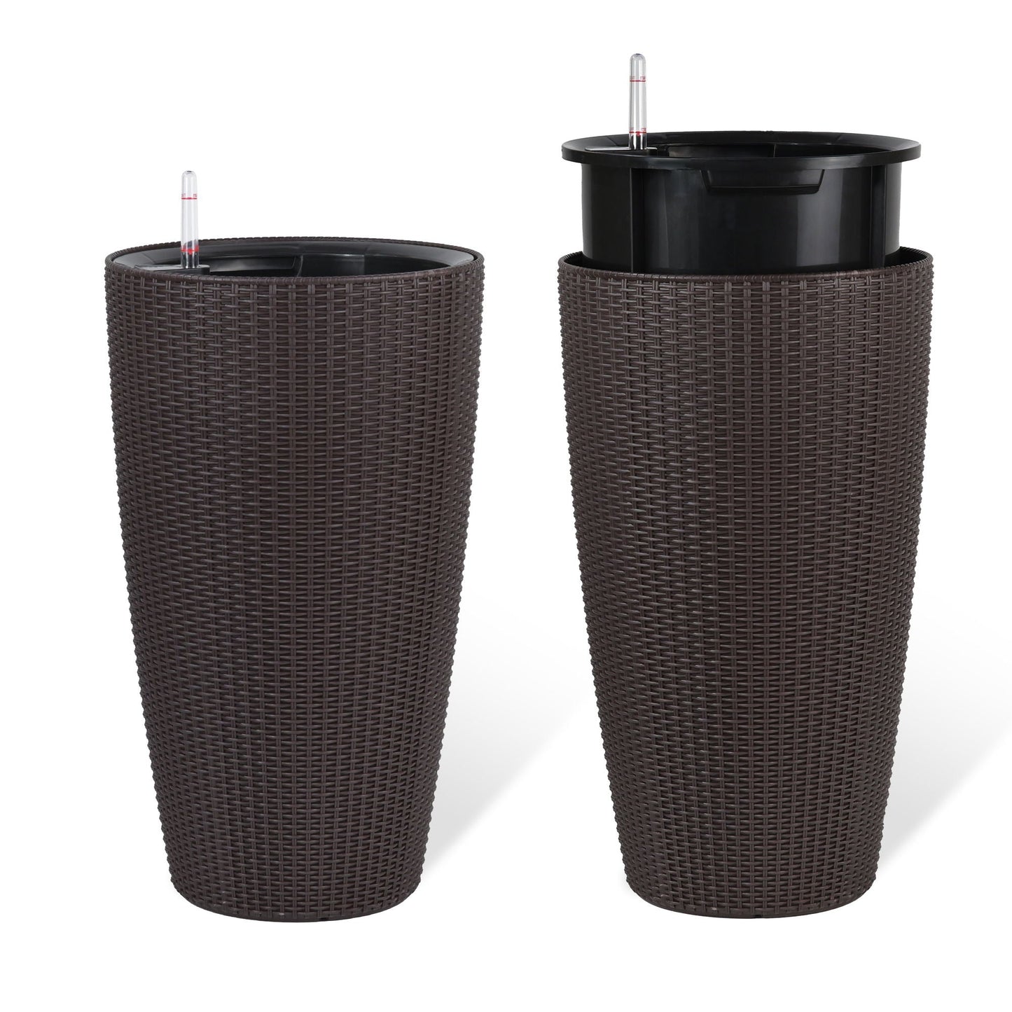 Pair of tall dark brown wicker planters with water level monitor tubes and auto watering on Tampa Home & Garden Store