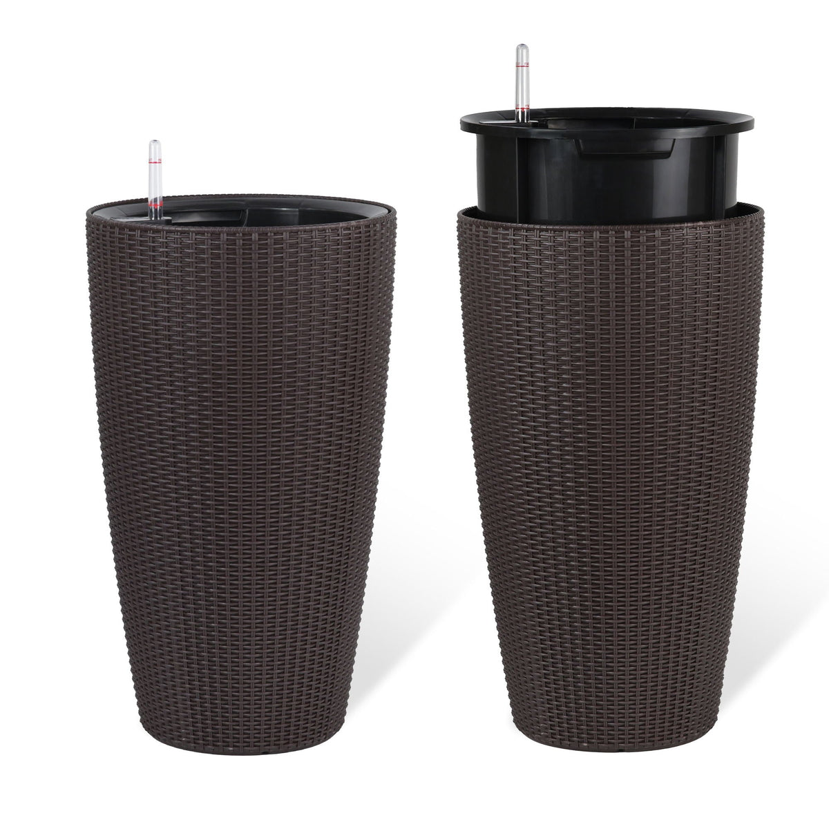 Pair of tall dark brown wicker planters with water level monitor tubes and auto watering on Tampa Home & Garden Store