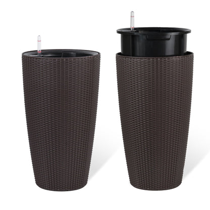 Pair of tall dark brown wicker planters with water level monitor tubes and auto watering on Tampa Home & Garden Store