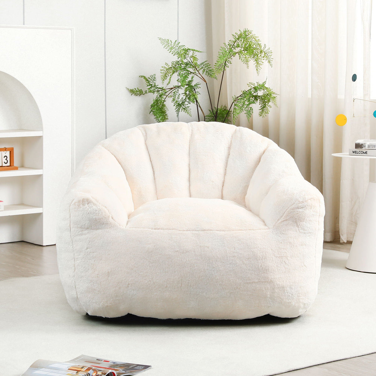 Beanbag chair with armrests, white plush fabric, high-density foam on Tampa Home & Garden Store