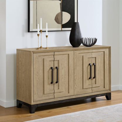 Sideboard brown wood with black handles, topped by a sculptural vase and three brass candlesticks on Tampa Home & Garden Store