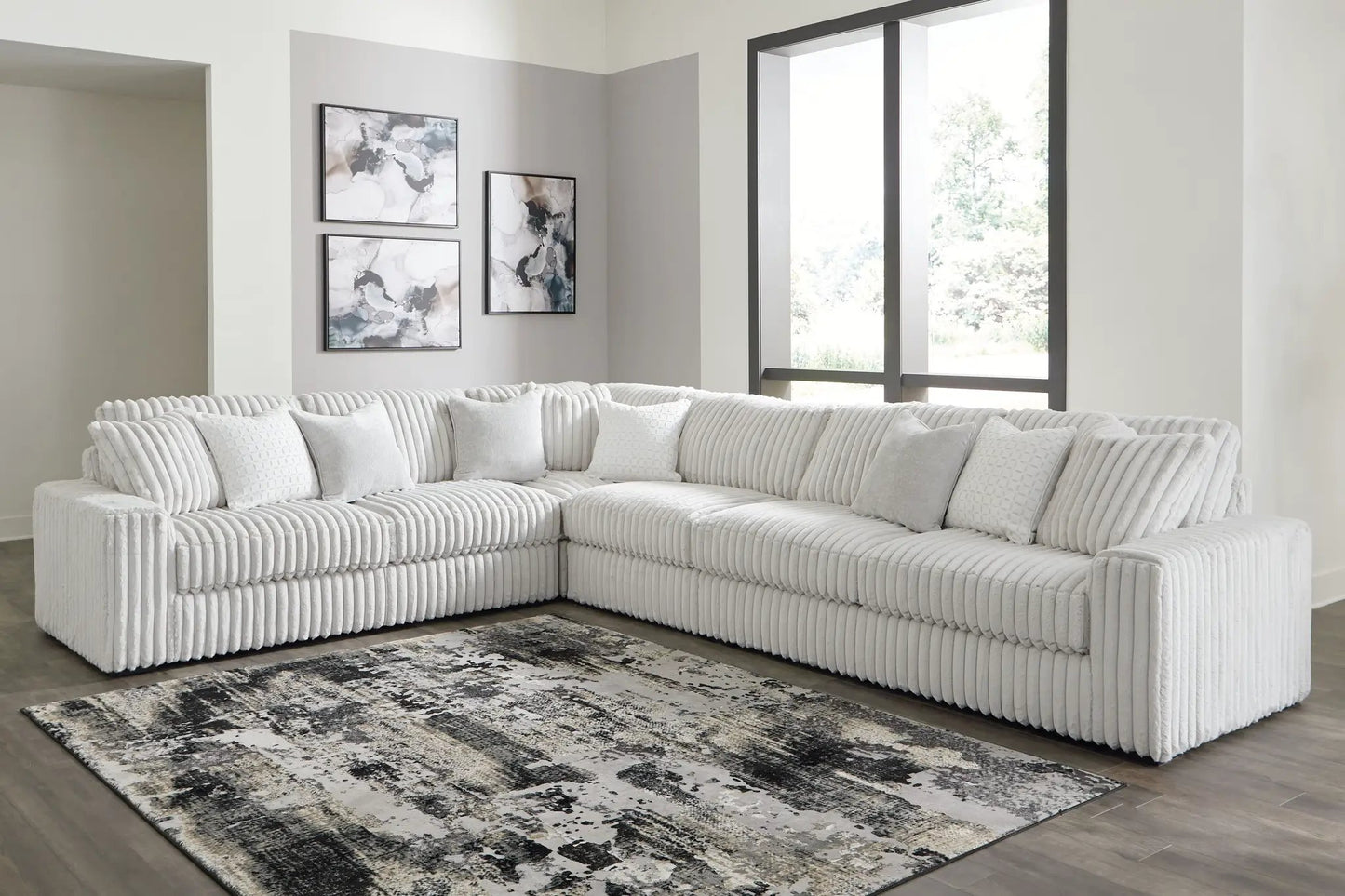 Stupendous Sectional light gray ribbed fabric stationary sofa in an L-shaped living room on Tampa Home & Garden Store