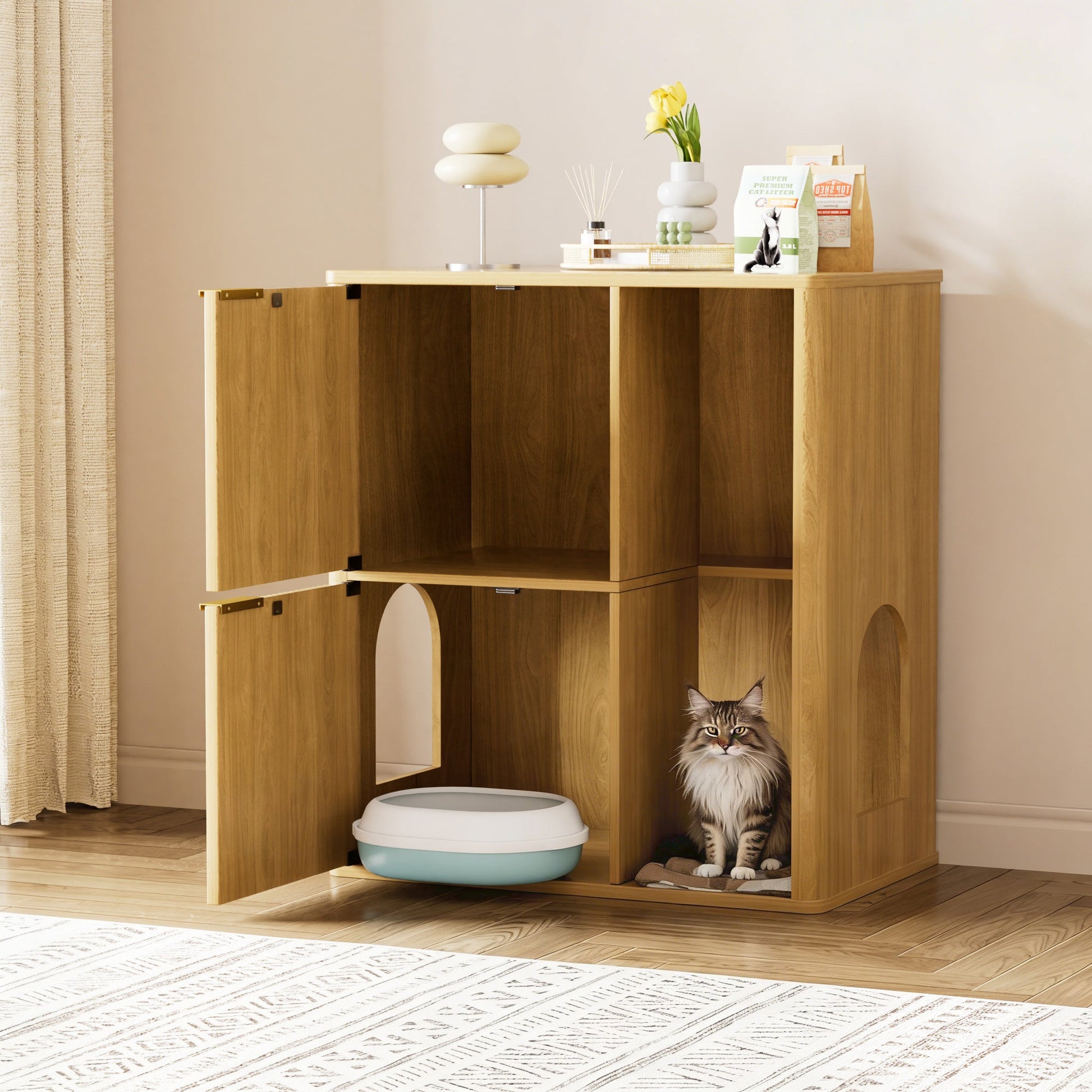 31.5-inch light wood cat litter cabinet with cat tree and arched openings; cat by litter box on Tampa Home & Garden Store