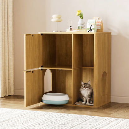 31.5-inch light wood cat litter cabinet with cat tree and arched openings; cat by litter box on Tampa Home & Garden Store