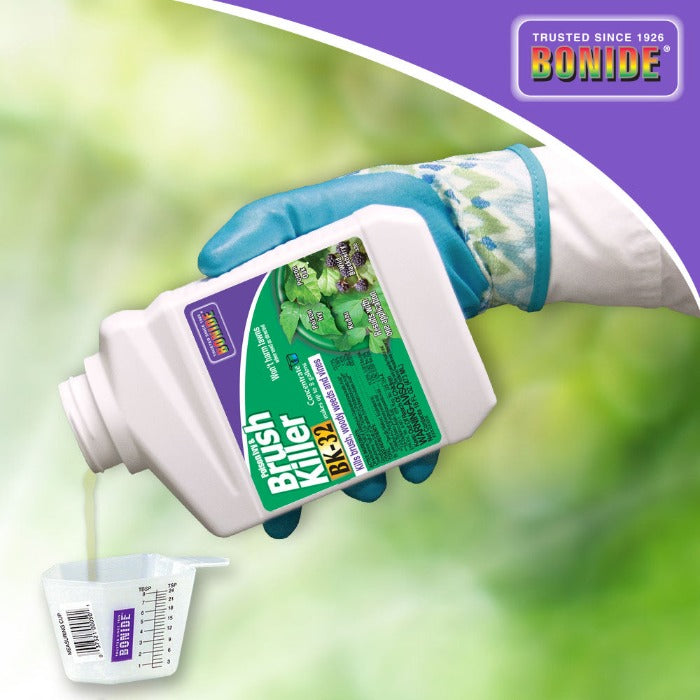 Bonide Brushkiller Concentrate liquid herbicide poured into a measuring cup by gloved hand on Tampa Home & Garden Store