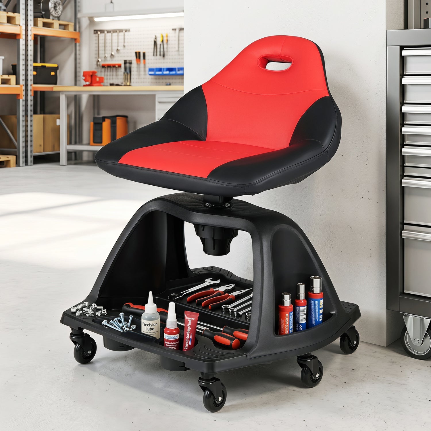 Rolling Mechanic Stool with Backrest and Tool Tray, red and black, DirectDeals, 330 lb on Tampa Home & Garden Store