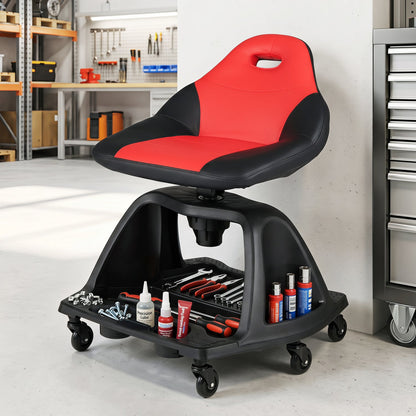 Rolling Mechanic Stool with Backrest and Tool Tray, red and black, DirectDeals, 330 lb on Tampa Home & Garden Store