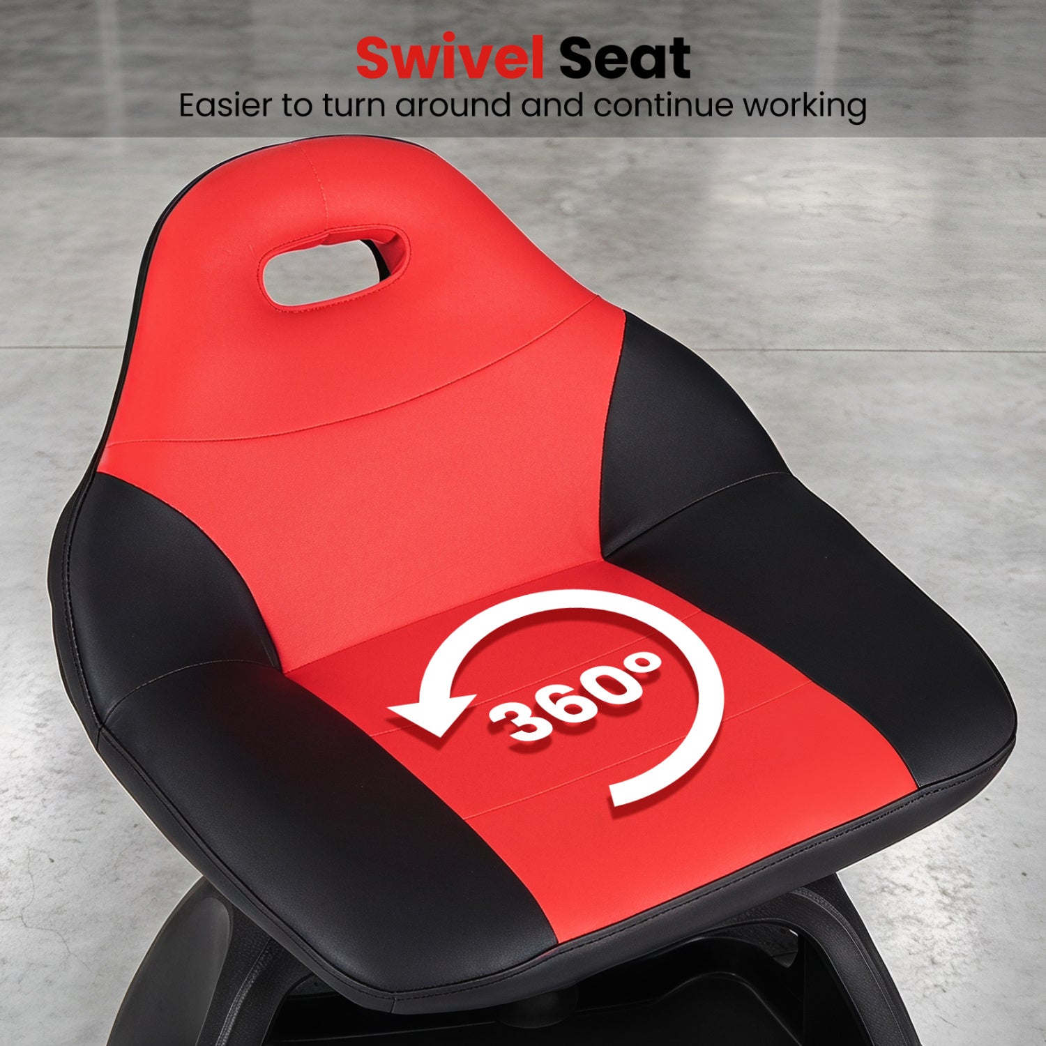Rolling mechanic stool with red and black padded seat and backrest, 360° rotation on Tampa Home & Garden Store