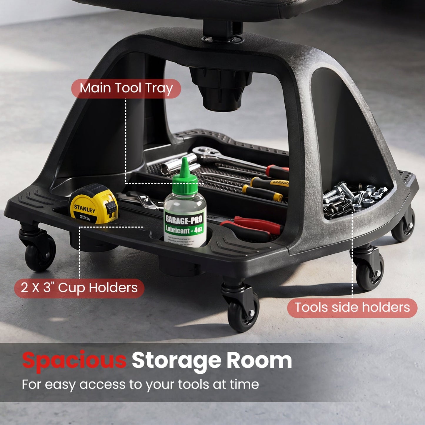 Rolling mechanic stool DirectDeals with backrest and tool tray, black, 330 lb capacity on Tampa Home & Garden Store