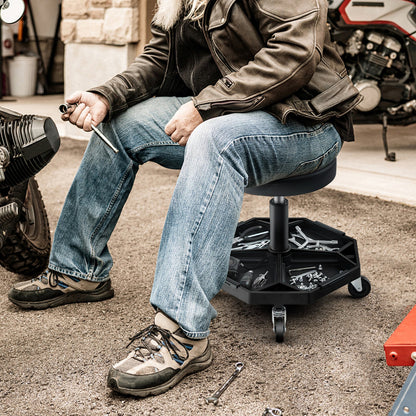 Taburete neumático con ruedas para mecánico con capacidad de 150 kg y asiento acolchado - Negro