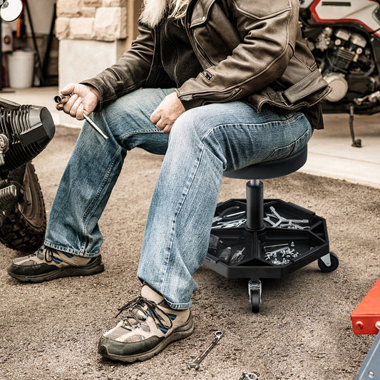 Taburete neumático con ruedas para mecánico con capacidad de 150 kg y asiento acolchado - Negro