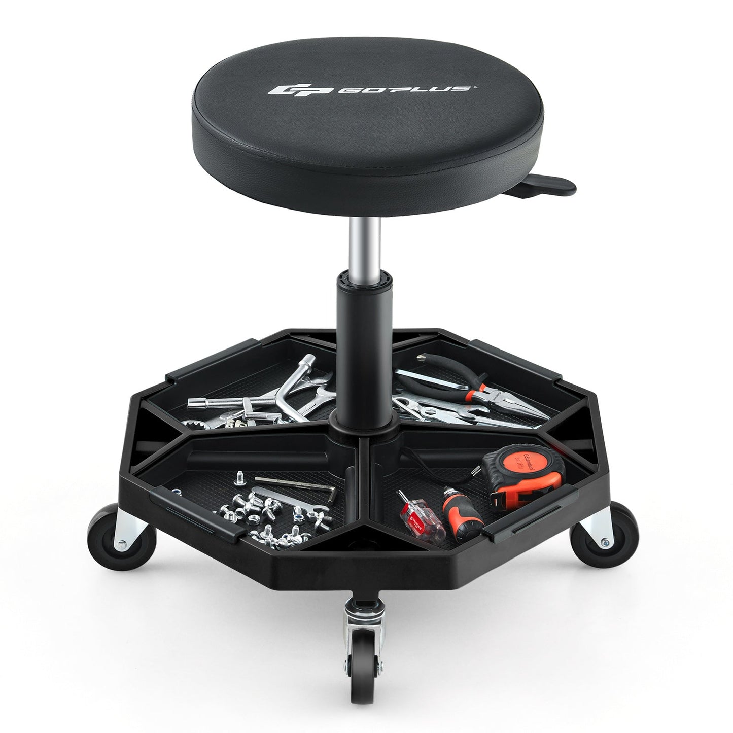 Taburete neumático con ruedas para mecánico con capacidad de 150 kg y asiento acolchado - Negro