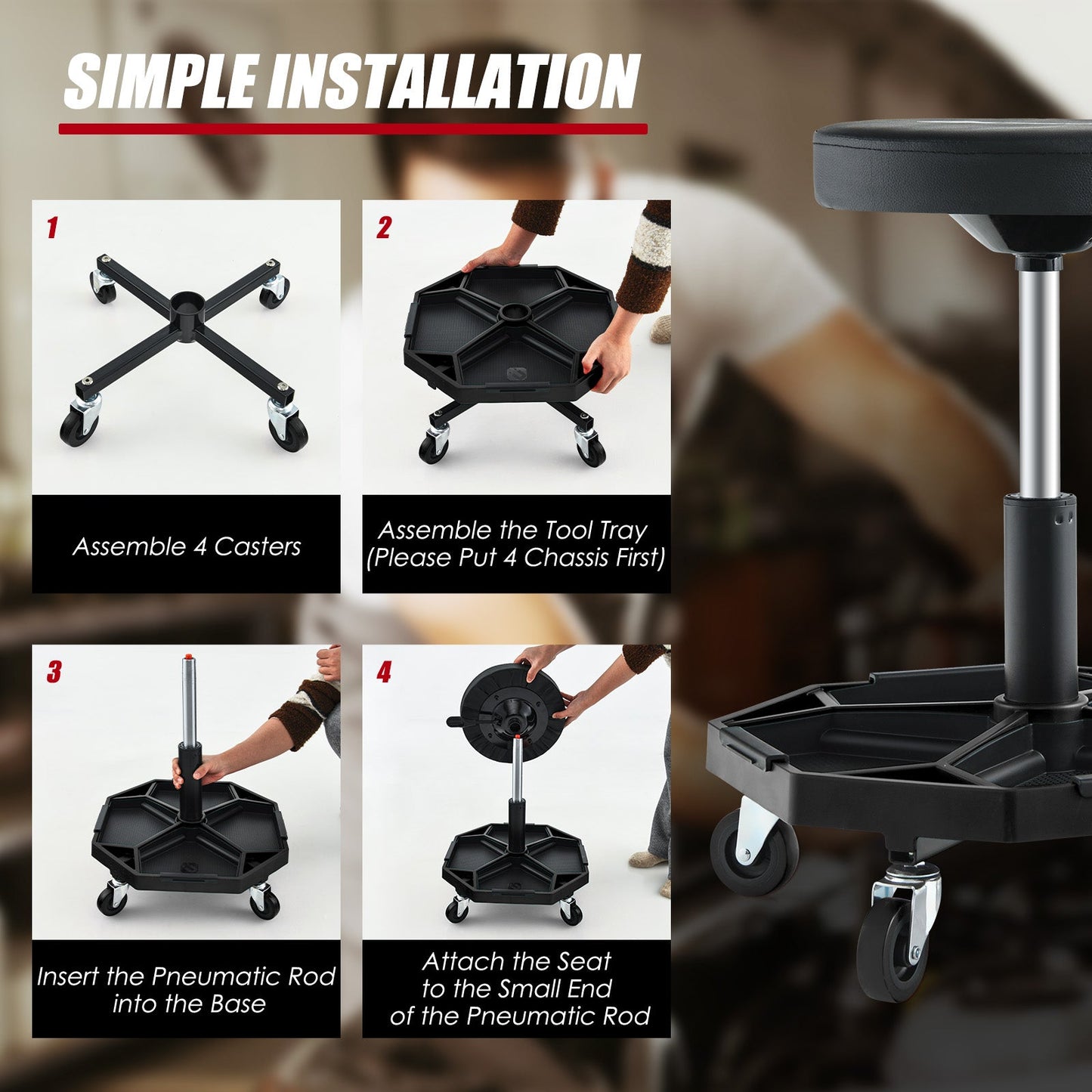 Taburete neumático con ruedas para mecánico con capacidad de 150 kg y asiento acolchado - Negro