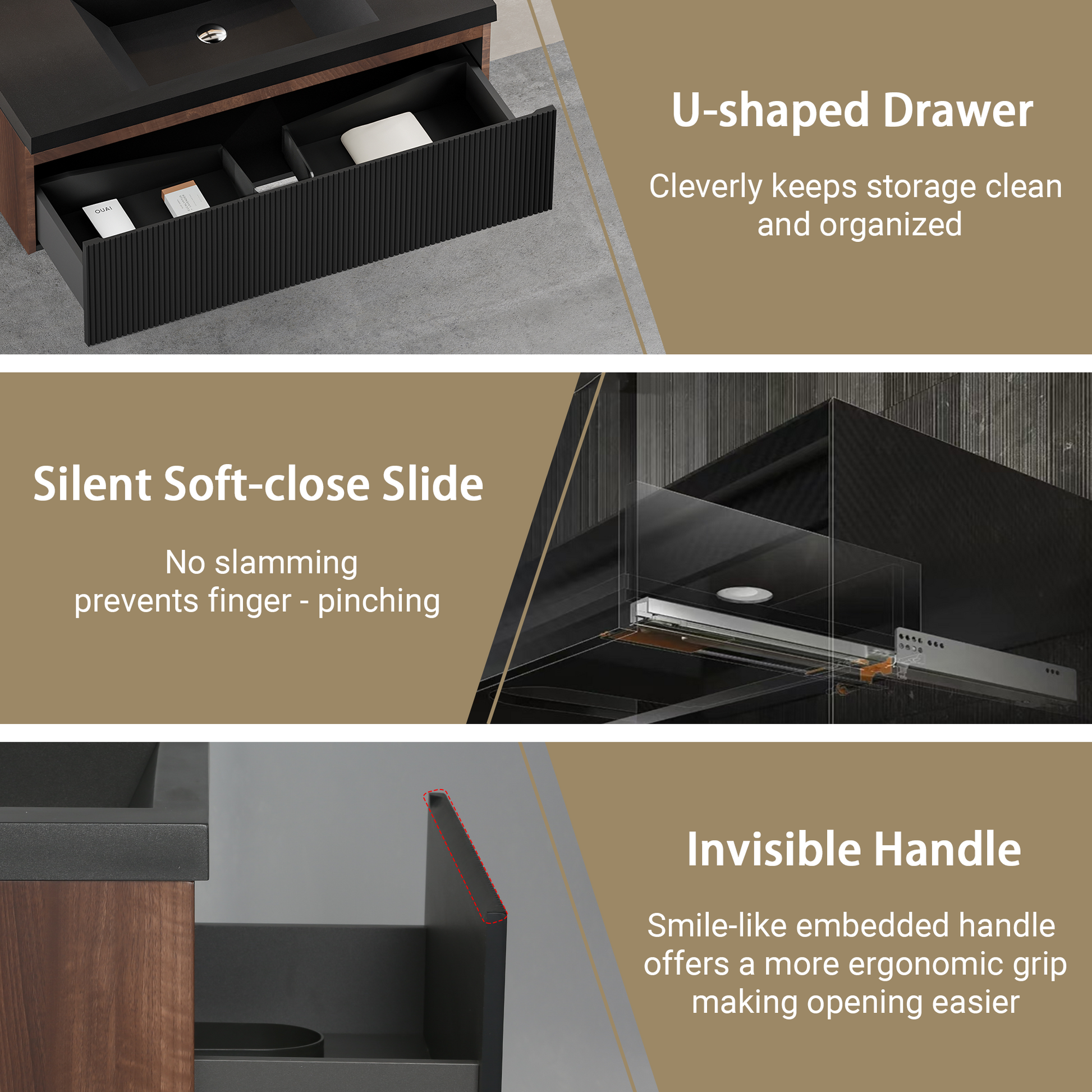 42-inch floating vanity with sink and ribbed striped drawer; open drawer shows organized storage on Tampa Home & Garden Store