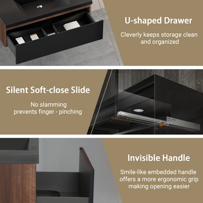 42-inch floating vanity with sink and ribbed striped drawer; open drawer shows organized storage on Tampa Home & Garden Store