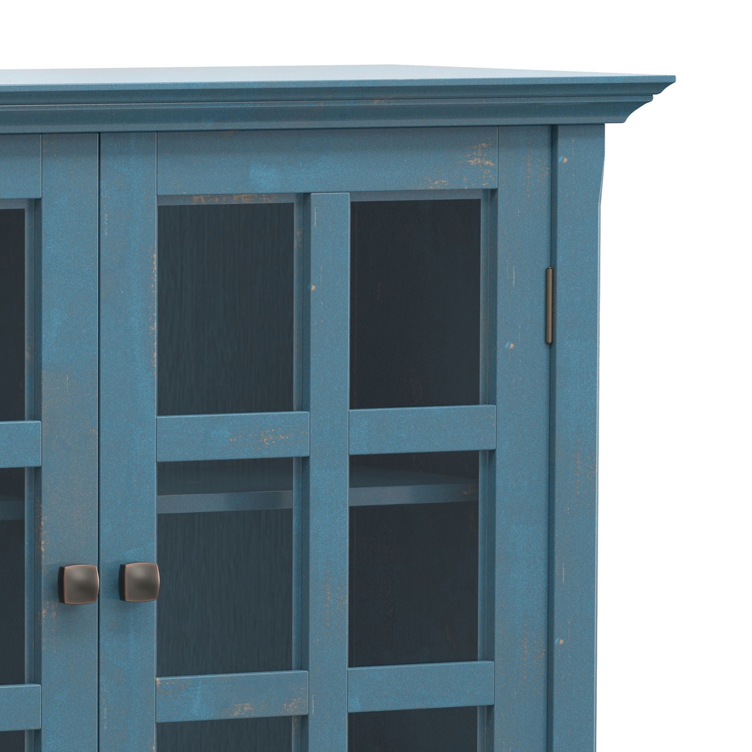 Acadian medium storage cabinet handcrafted in distressed teal blue with glass panel doors on Tampa Home & Garden Store