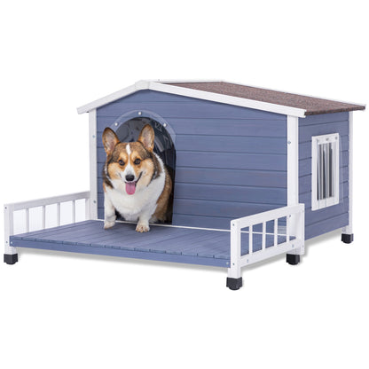 Large Wooden Dog House with Terrace, blue exterior and white trim, HouseOfZazla on Tampa Home & Garden Store