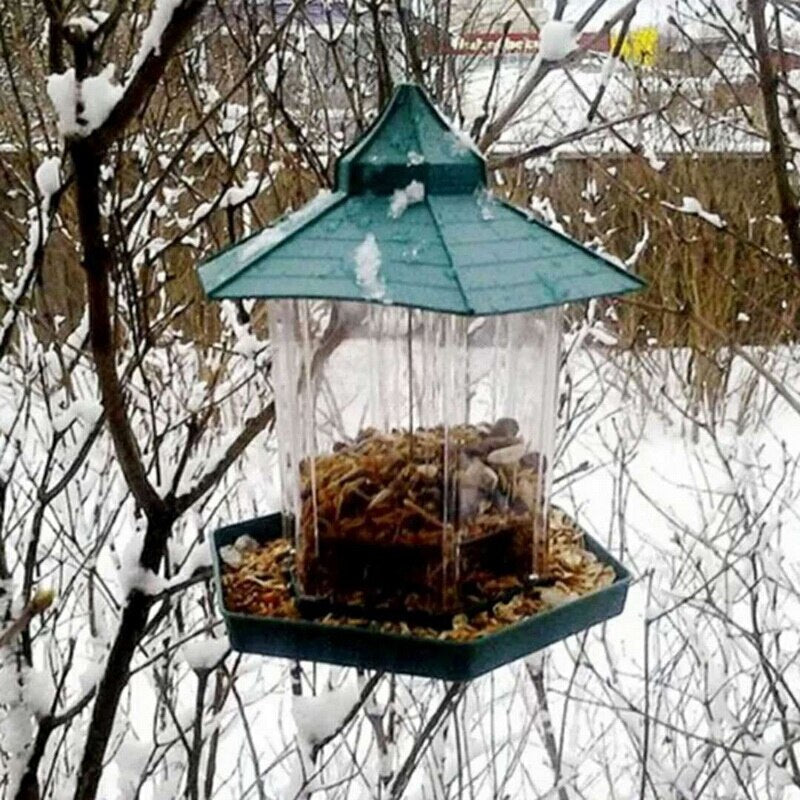 Outdoor balcony waterproof hanging bird feeder with teal roof, clear plastic hopper and seed-filled tray on Tampa Home & Garden Store