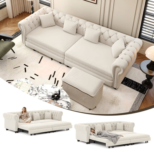Chesterfield 3-in-1 pull-out sofa bed in white leather with tufted arms by HouseOfZazla on Tampa Home & Garden Store