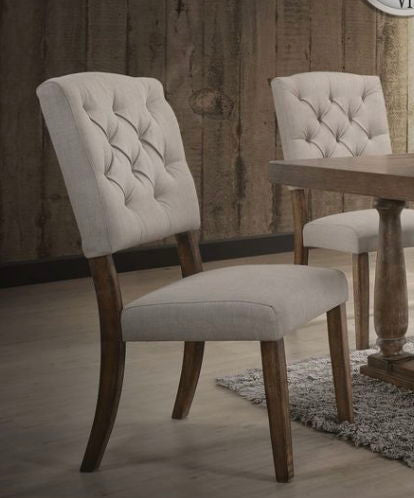 Weathered side chair set with button tufting in beige fabric and dark wood legs, 2 chairs on Tampa Home & Garden Store
