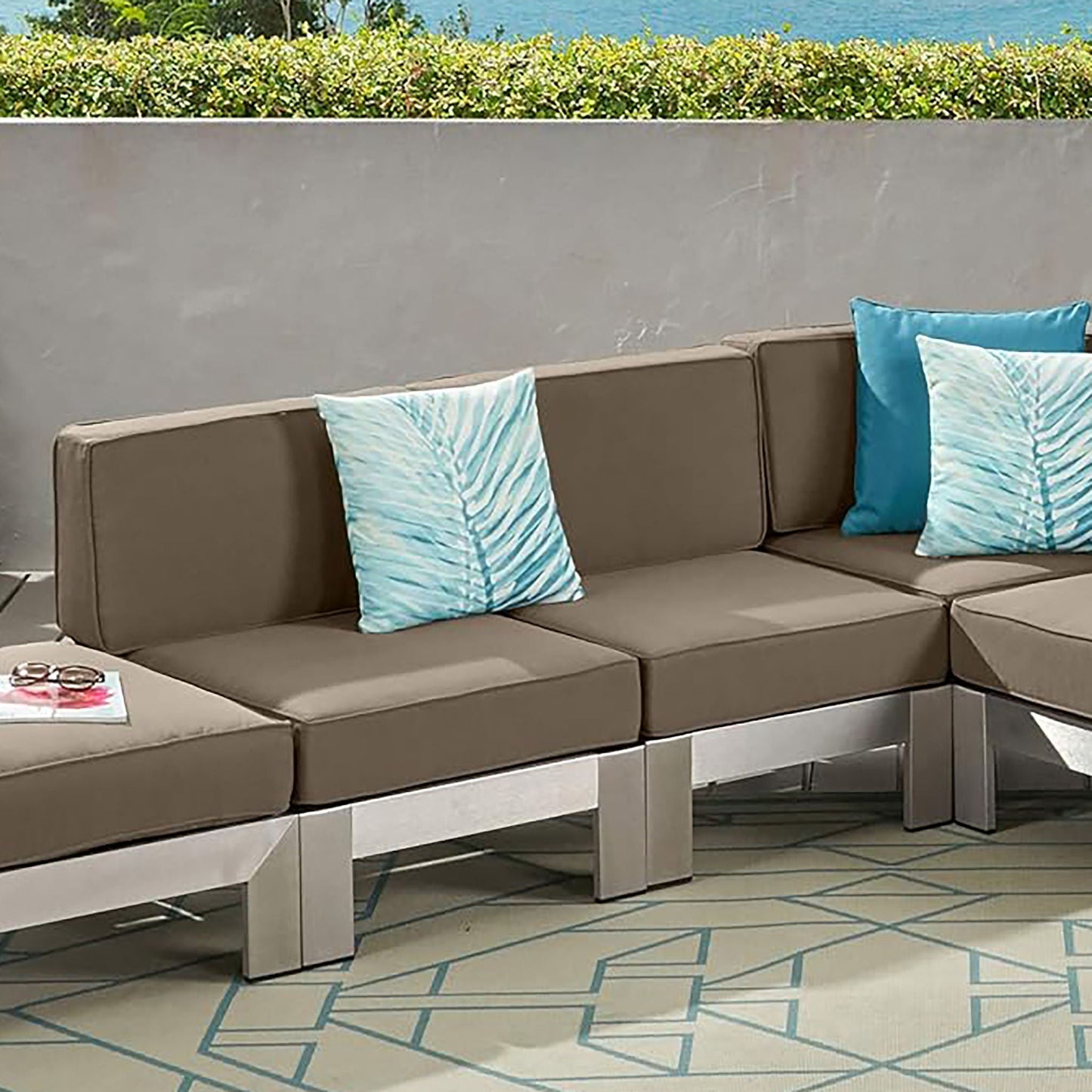 Outdoor Aluminum Armless Chair With Cushion Silver, HouseOfZazla outdoor chairs set of 3 with grey cushions and blue pillows on Tampa Home & Garden Store