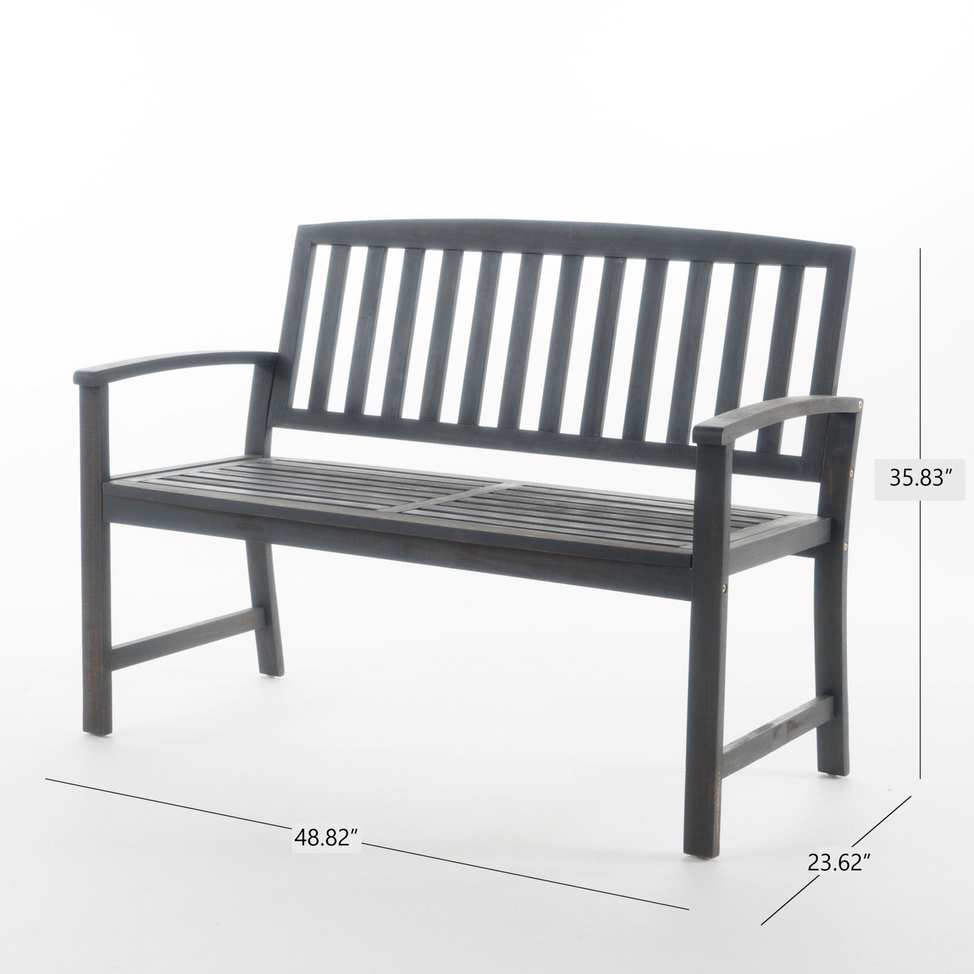 Farmhouse Loja Outdoor Bench by HouseOfZazla, dark gray wood with slatted back and seat on Tampa Home & Garden Store