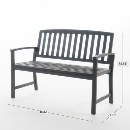Farmhouse Loja Outdoor Bench by HouseOfZazla, dark gray wood with slatted back and seat on Tampa Home & Garden Store