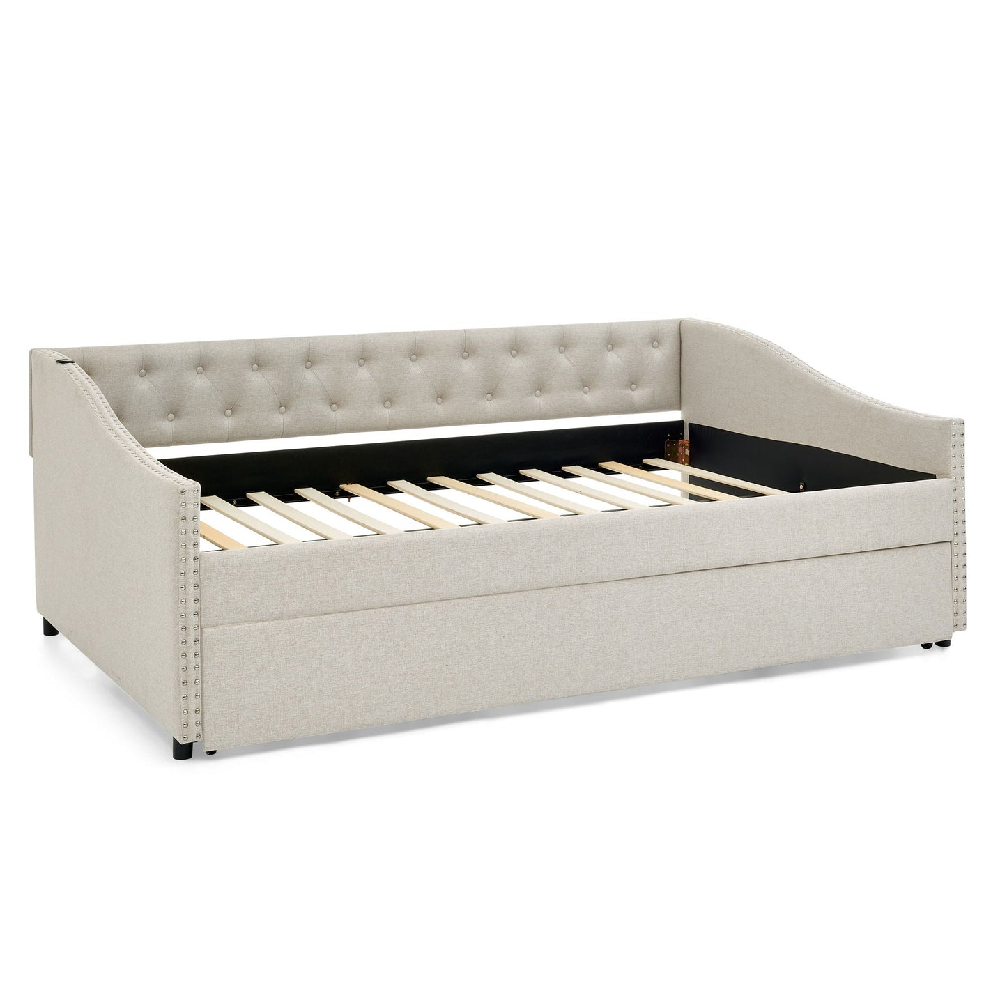 Upholstered daybed with tufted back in light gray fabric, pull-out bed frame with slatted base on Tampa Home & Garden Store