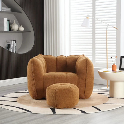 Tan textured soft bean bag chair with high resilient foam and matching ottoman by Unique Piece Furniture, stationary chair & ottoman on Tampa Home & Garden Store