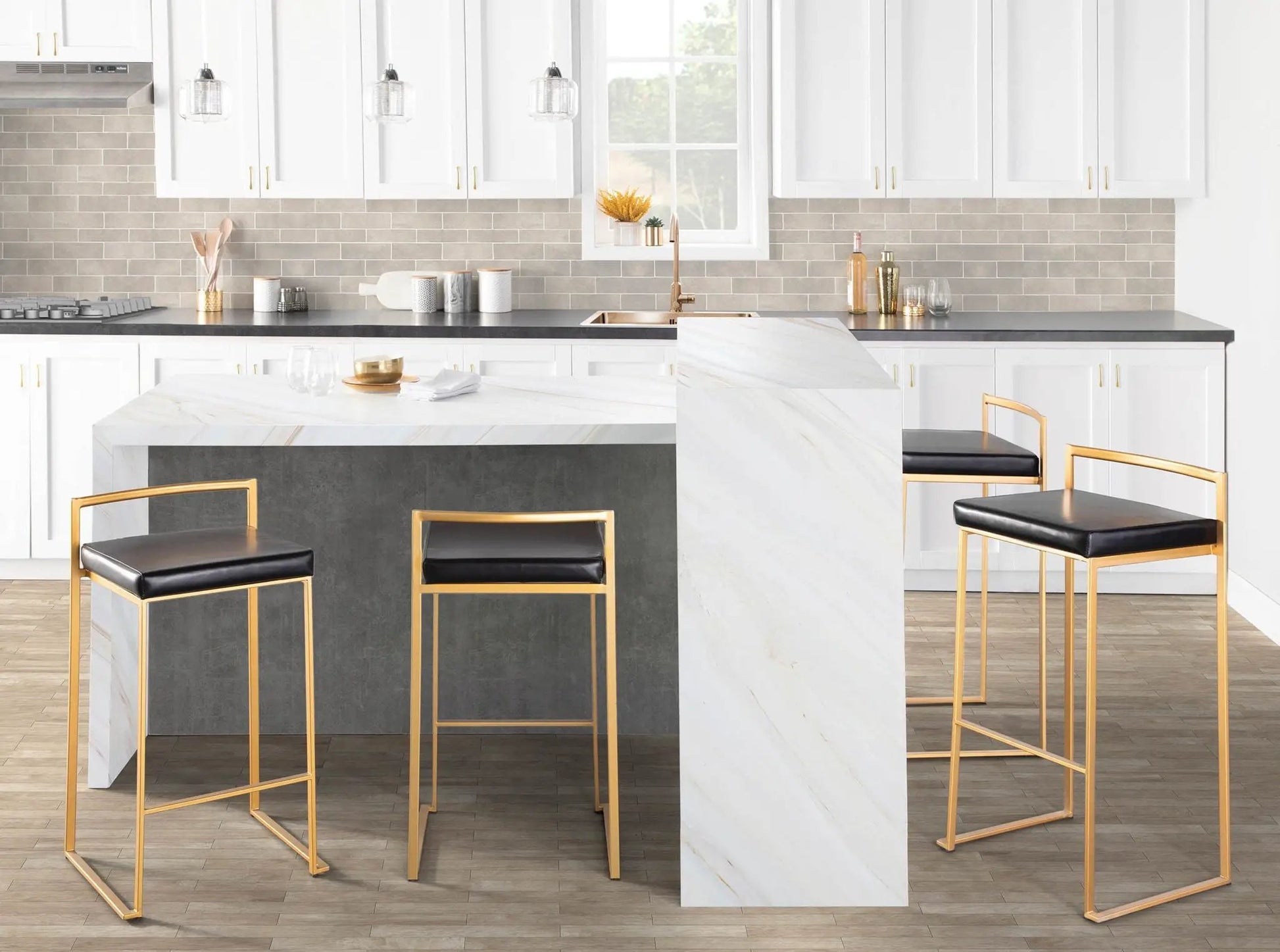 Fuji barstool set by Unique Piece Furniture, gold frames and black seats, 4 stools on Tampa Home & Garden Store