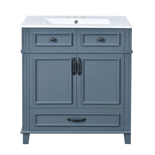 Bathroom vanity with sink, blue-gray cabinet, two drawers and two doors, white sink top on Tampa Home & Garden Store