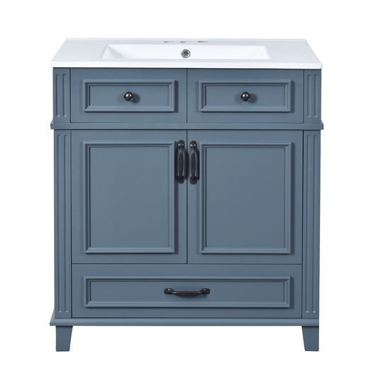 Bathroom vanity with sink and storage cabinet in blue-gray finish, drawers and doors on Tampa Home & Garden Store