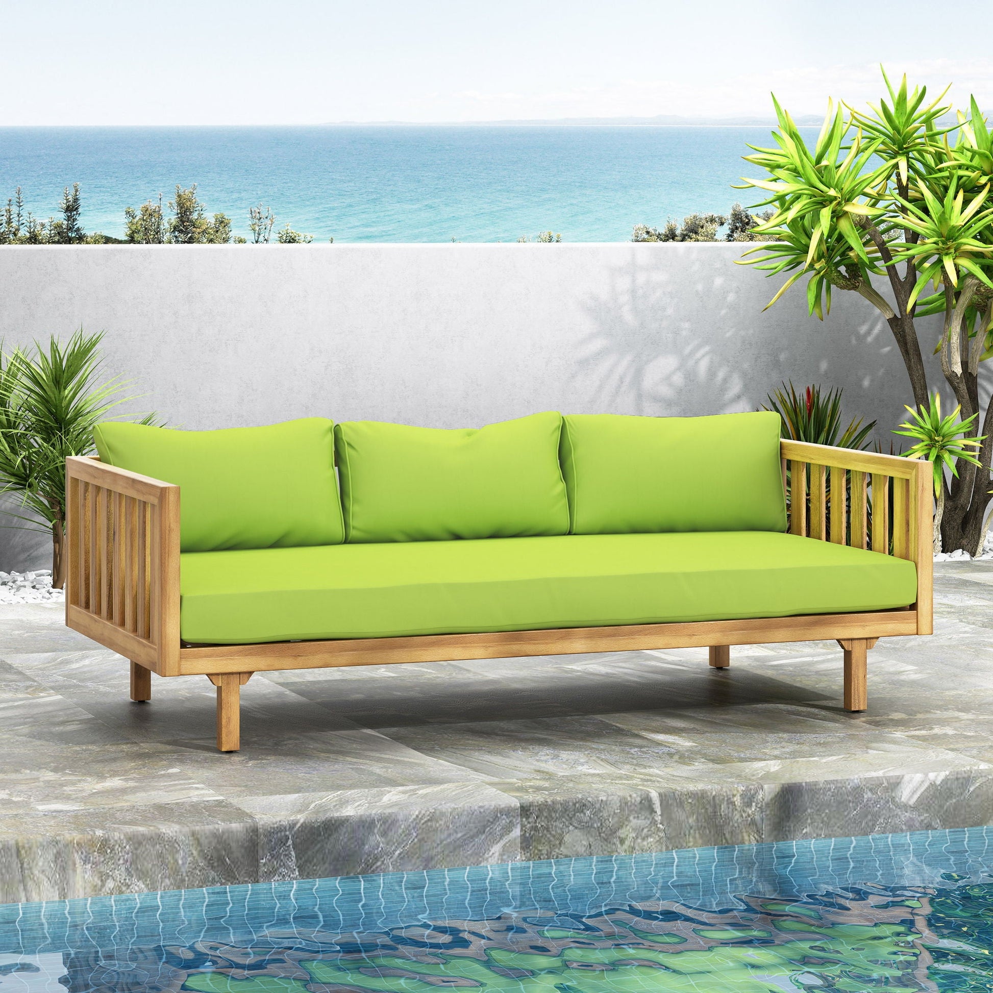 Claremont 3-Seater Daybed with Teak Acacia wood frame and lime green water-resistant cushions on Tampa Home & Garden Store