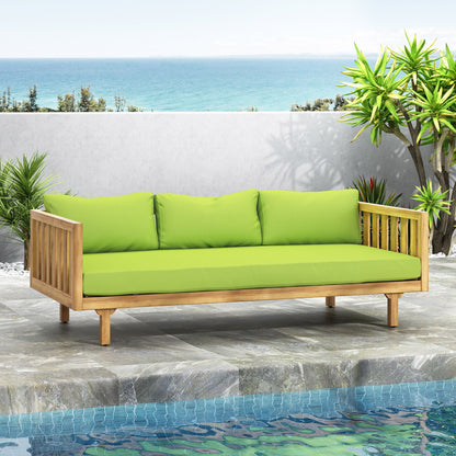Claremont 3-Seater Daybed with Teak Acacia wood frame and lime green water-resistant cushions on Tampa Home & Garden Store