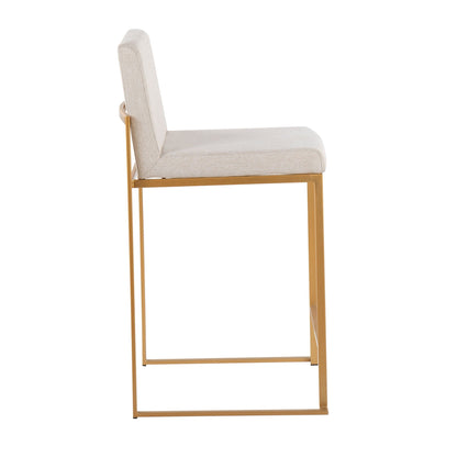 Contemporary high-back counter stool with beige upholstered seat and back, gold metal frame on Tampa Home & Garden Store