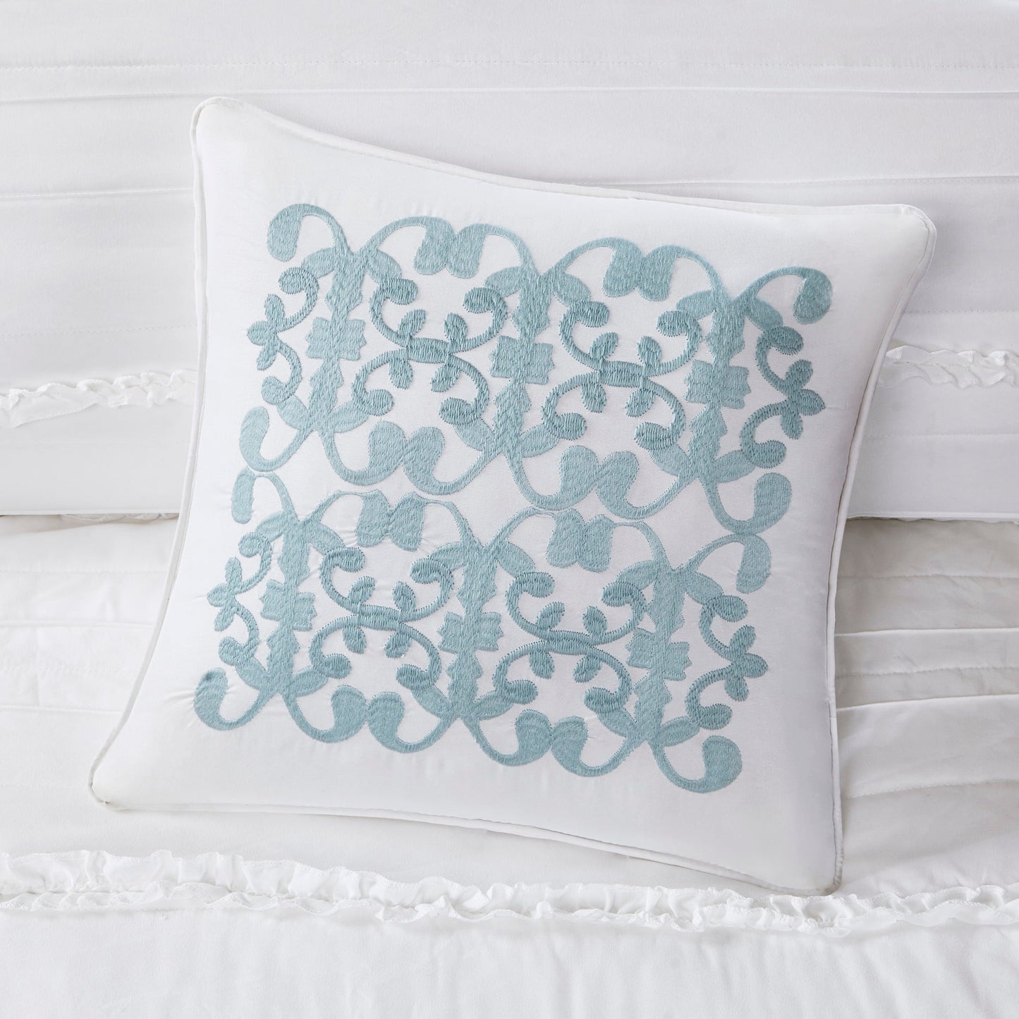 5 Piece Microfiber Ruffled Comforter Set White Queen with blue embroidered scroll motif and ruffled edge on Tampa Home & Garden Store