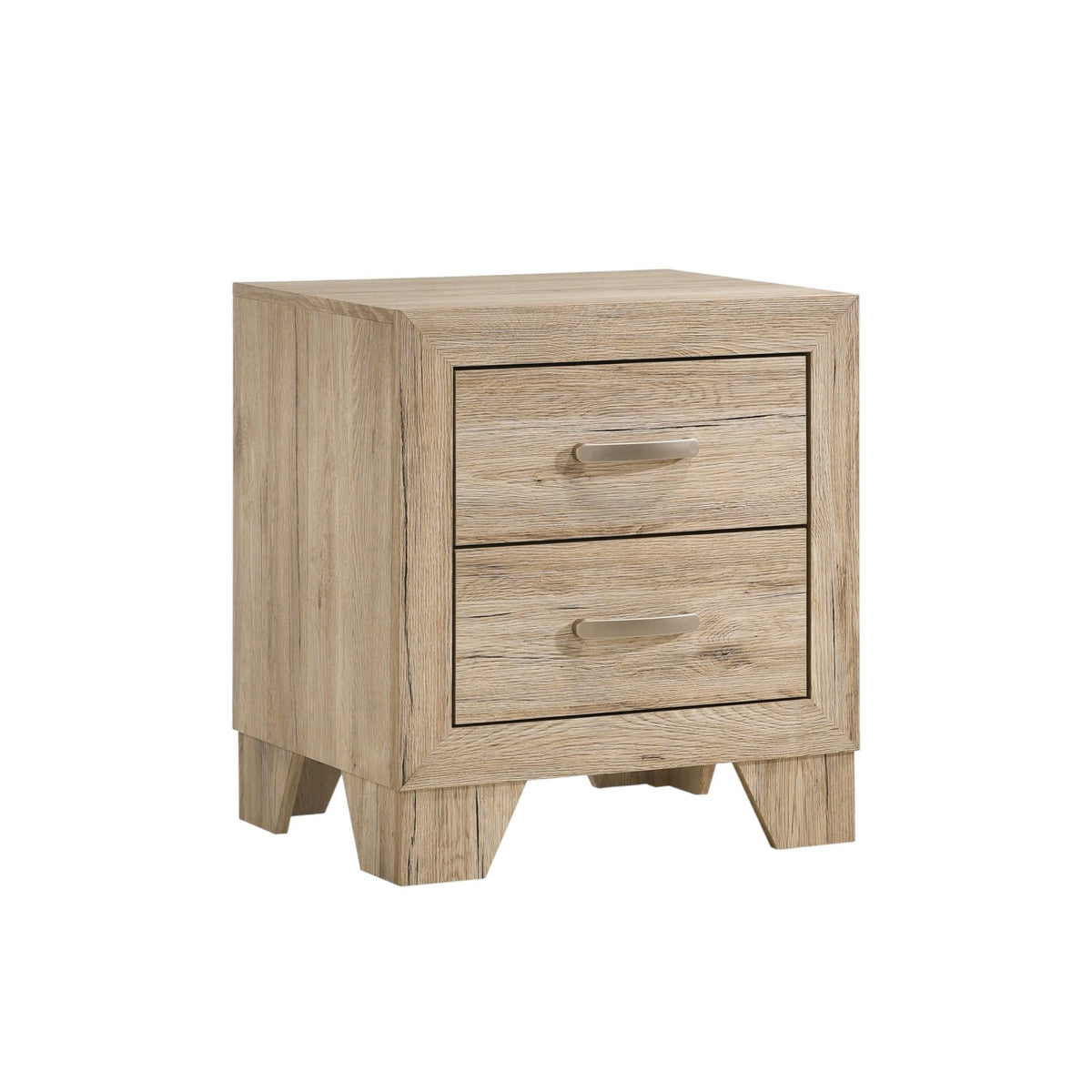 Elegant wood nightstand with three drawers and metal handles in light brown on Tampa Home & Garden Store