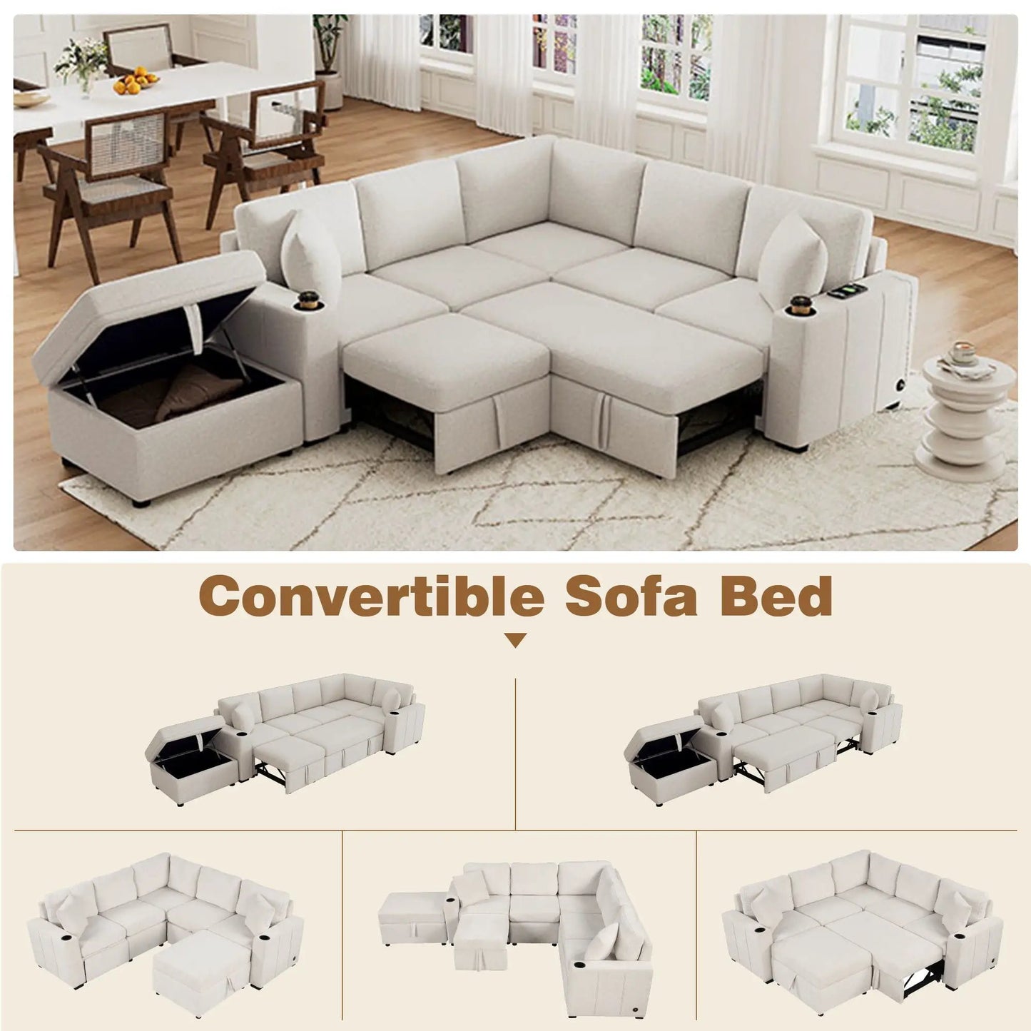 Sectional sofa with movable storage ottoman in light beige fabric on Tampa Home & Garden Store